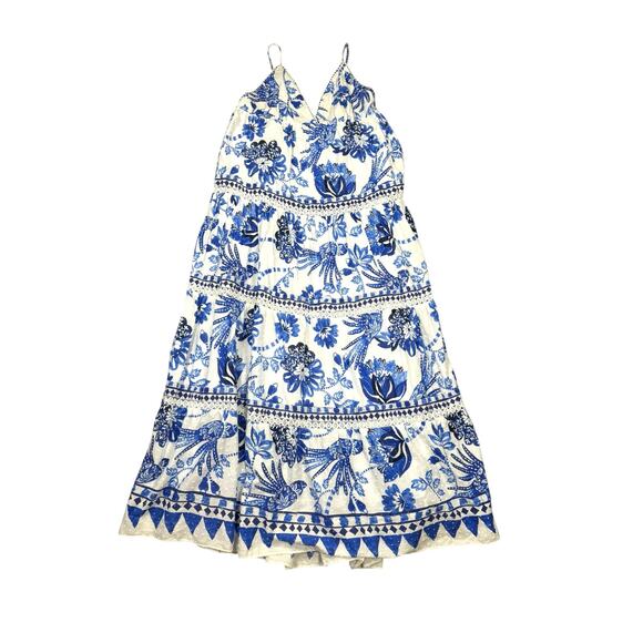 FARM Rio Flowerful Birds Maxi Dress Size XL Blue White Cotton V-Neck Boho Resort - Picture 3 of 12
